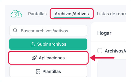 Página Archivos/Activos con el botón Aplicaciones resaltado