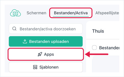 Pagina Bestanden/Activa met de knop Apps gemarkeerd