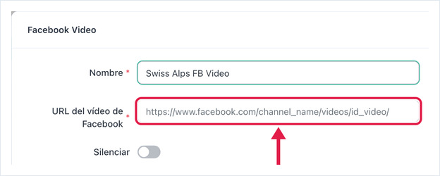 Ajustes de Facebook Video: Nombre, URL del video de Facebook, Silenciar