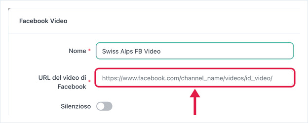 Impostazioni Facebook Video: Nome, URL del video di Facebook, Silenzia