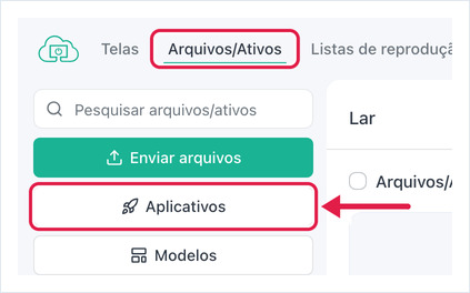 Página Arquivos/Ativos com o botão Aplicativos destacado