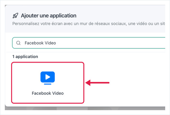 Boîte de dialogue Ajouter une application avec Facebook Video en surbrillance