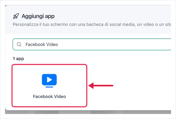 Finestra Aggiungi app con l'app Facebook Video evidenziata