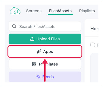 OptiSigns Files/Assets page with the Apps button highlighted in the left sidebar