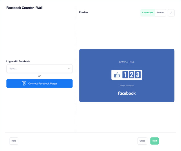 Facebook Counter - Wall setup showing Login with Facebook and Connect Facebook Pages