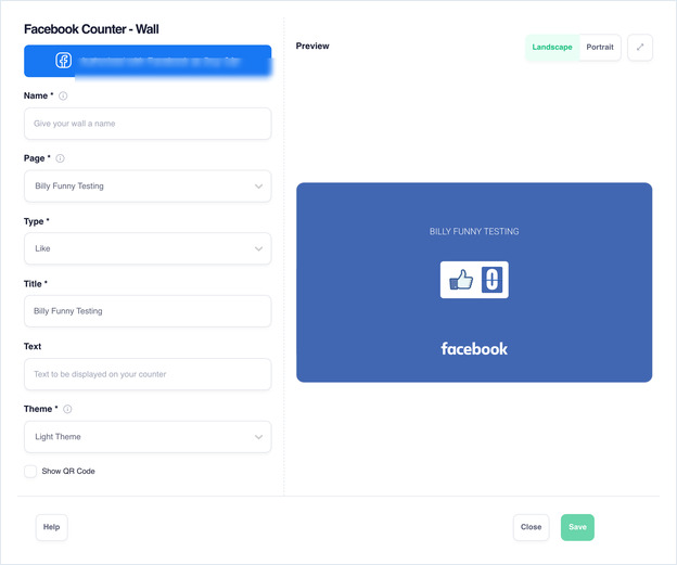 Facebook Counter settings: Name, Page, Type, Title, Text and Theme fields with preview