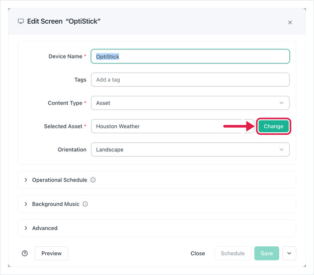 Edit Screen dialog with Content Type set to Asset and the Change button highlighted