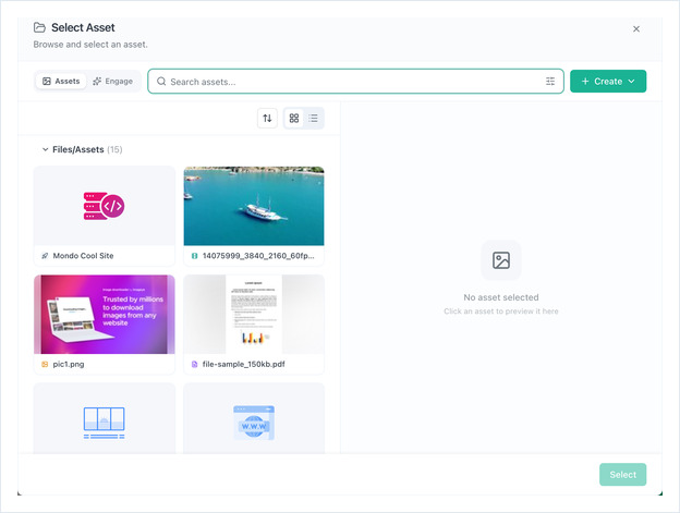 Select Asset dialog showing the asset grid and preview pane