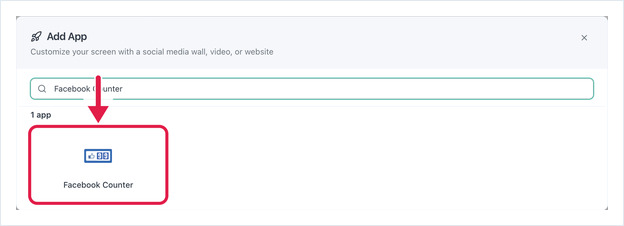 Add App dialog searched for Facebook, with the Facebook Counter app highlighted