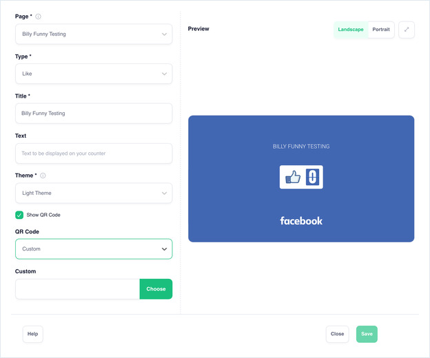 Show QR Code checked, QR Code set to Custom with the Custom URL field and Choose button