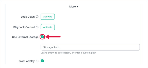 Edit Screen More section with Use External Storage ticked and the Storage Path box revealed below it