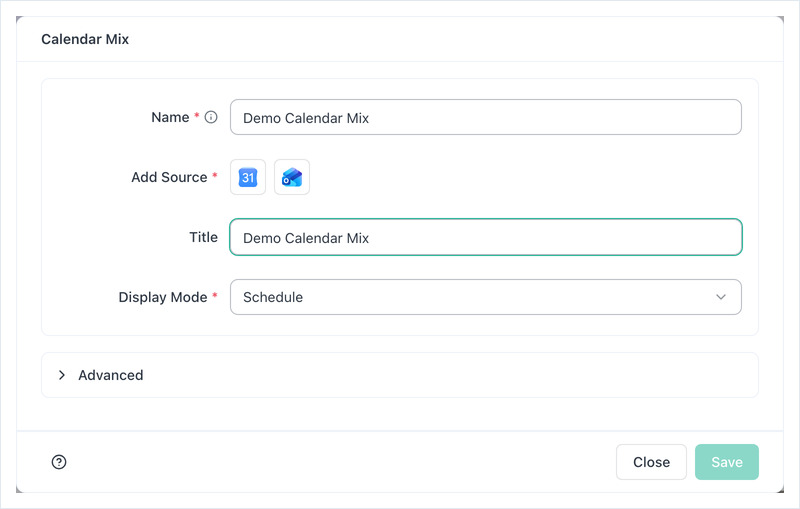 Calendar Mix settings dialog showing Name, Add Source, Title and Display Mode