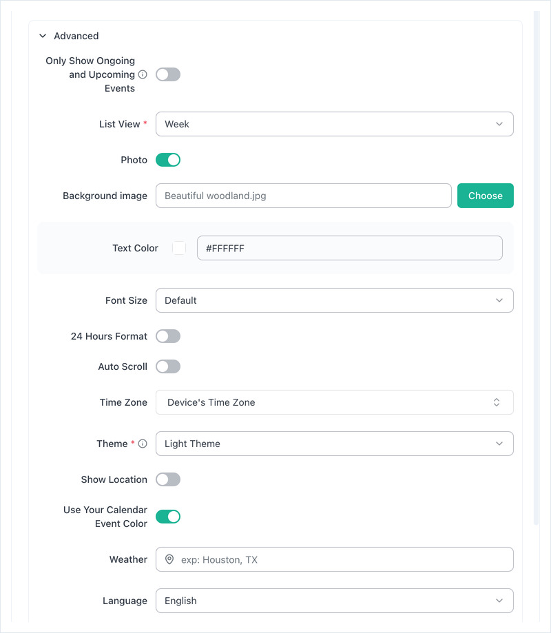 Calendar Mix Advanced options, from Only Show Ongoing and Upcoming Events through Language