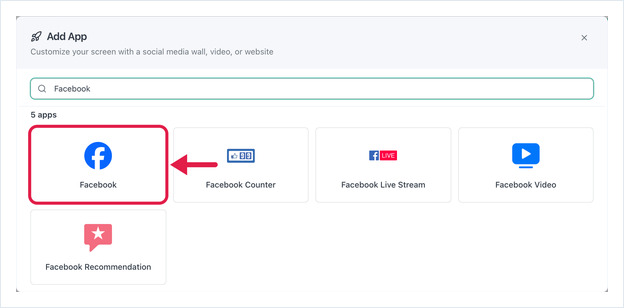 Add App dialog with Facebook in the search box and the Facebook app card highlighted