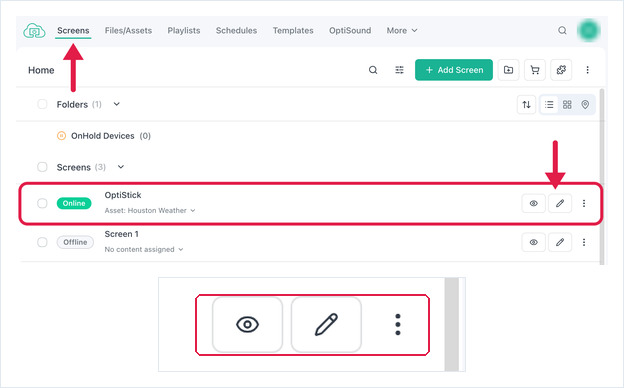Screens list with a screen row highlighted and its Edit button magnified below