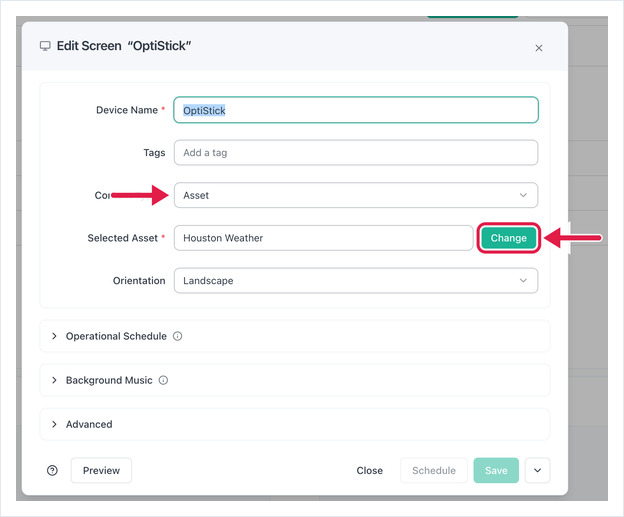 Edit Screen dialog with Content Type set to Asset and the Change button highlighted
