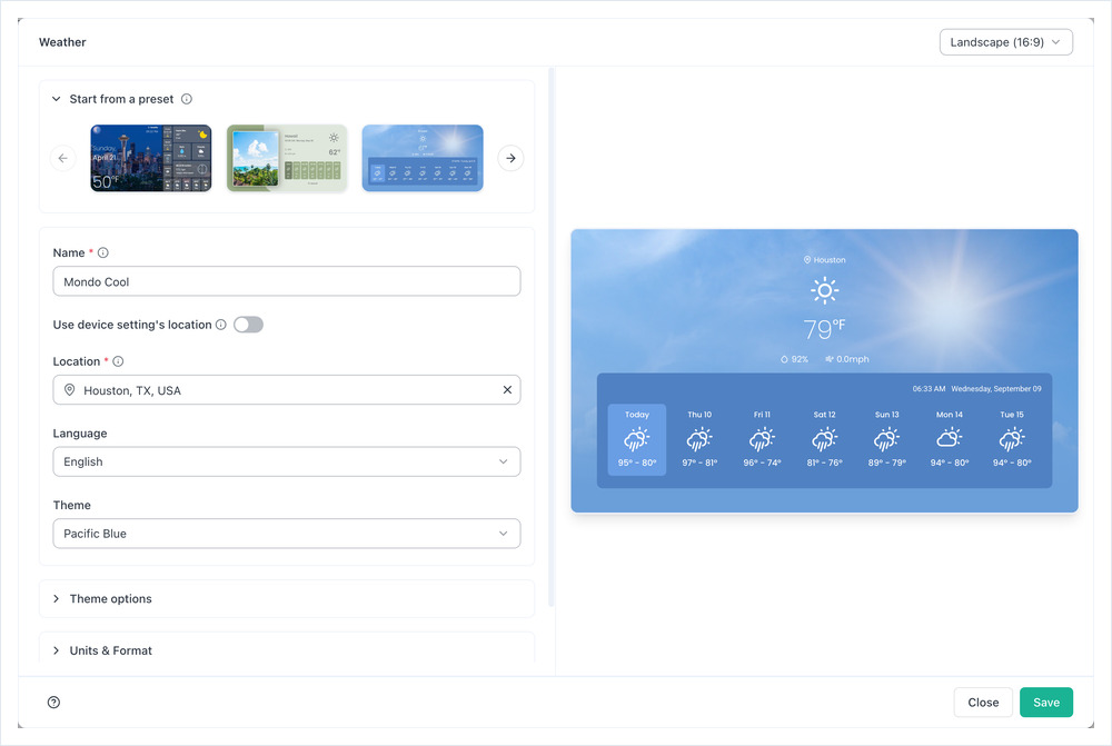 The Weather app preview set to Landscape 16:9