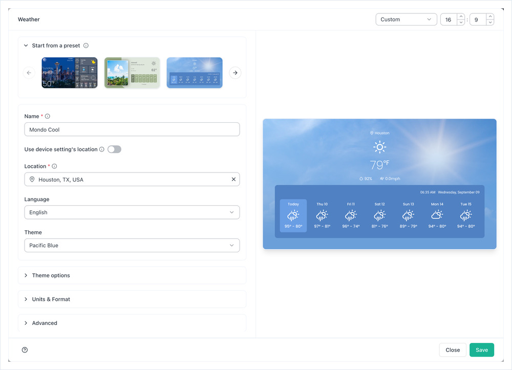 The Weather app preview set to Custom, with editable aspect-ratio boxes