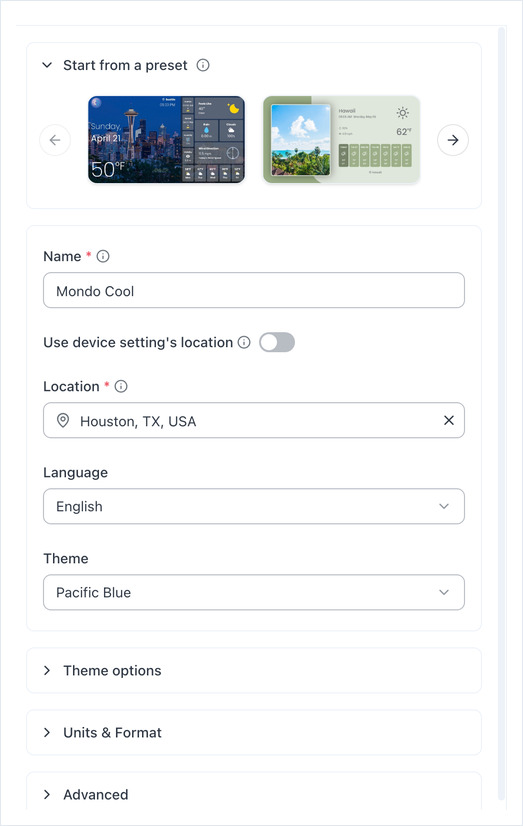 The Weather app configuration form: Name, Location, Language, Theme and three collapsed sections