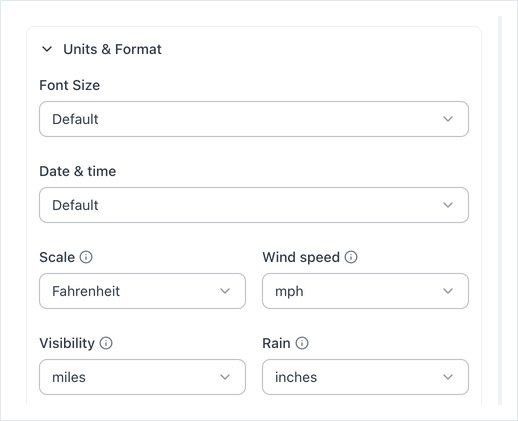 The Units and Format section: Font Size, Date and time, Scale, Wind speed, Visibility and Rain