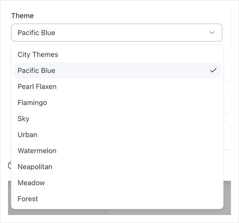 The Theme dropdown open, listing City Themes, Pacific Blue, Pearl Flaxen and seven more