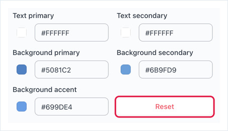 Colour fields for text and background, each with a hex value, above a Reset button