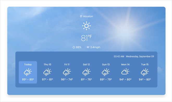 The rendered weather preview: a sun icon, the temperature, and daily forecast icons