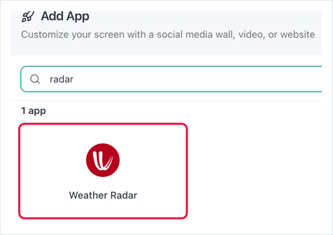Searching the Add App dialog for radar and selecting the Weather Radar app