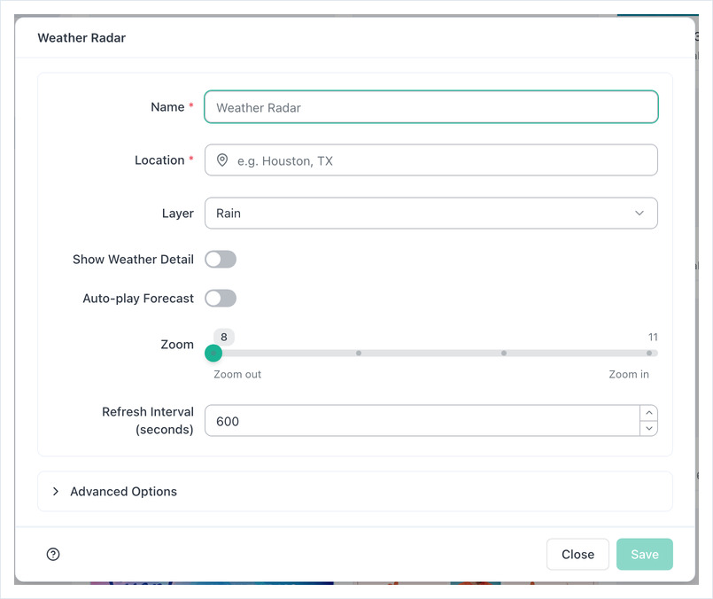 The Weather Radar form: Name, Location, Layer, Show Weather Detail, Auto-play Forecast, Zoom, Refresh Interval