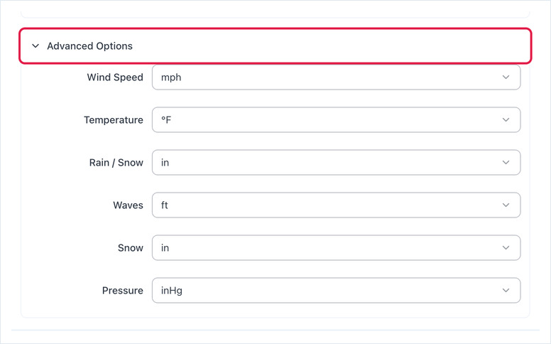 Advanced Options for Weather Radar: Wind Speed, Temperature, Rain / Snow, Waves, Snow and Pressure units