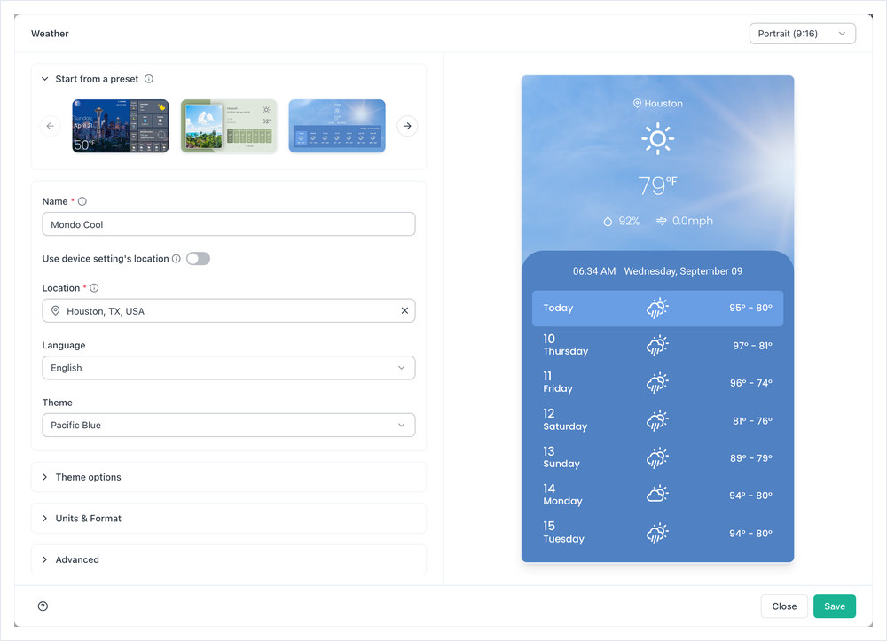 The Weather app preview set to Portrait 9:16, showing a vertical day list