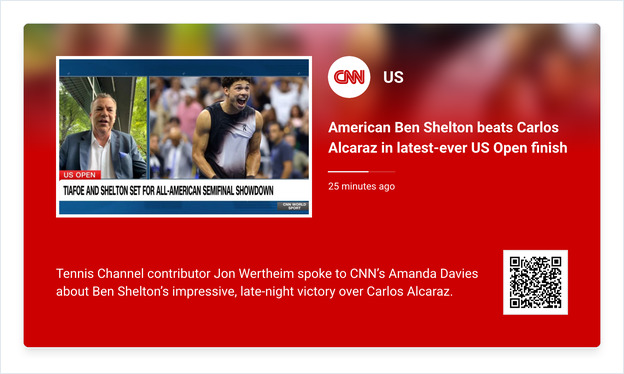 The CNN app on a screen: a US headline, photo and QR code on the CNN red background.