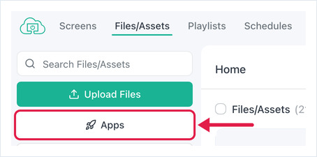 The Files/Assets page with the Apps button highlighted in the left sidebar.