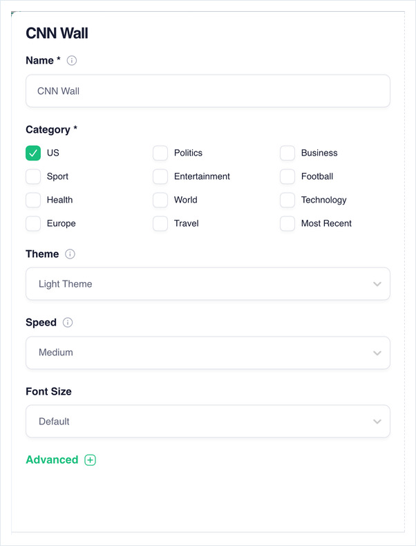 The CNN Wall form: Name, Category checkboxes, Theme, Speed and Font Size, with a live Preview.