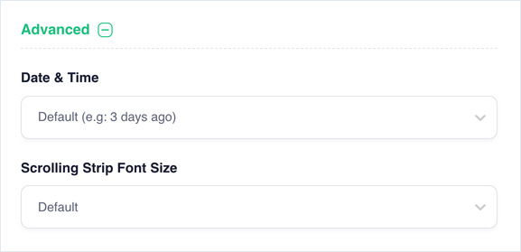 Advanced expanded, showing the Date and Time and Scrolling Strip Font Size fields.
