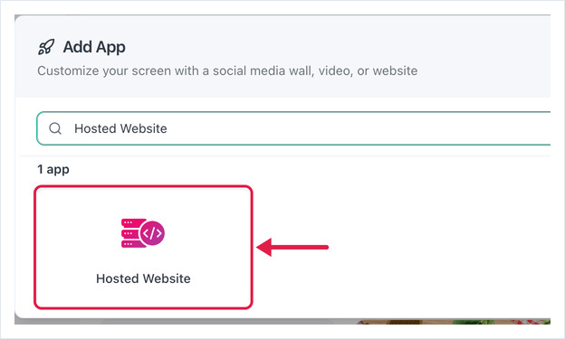 The Add App dialog searched for Hosted Website, with an arrow pointing to the Hosted Website tile
