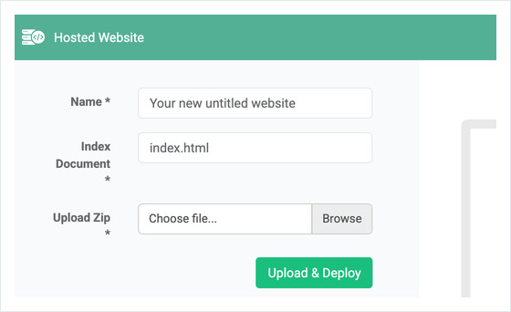 Upload Zip form: Name, Index Document and Upload Zip fields, and an Upload & Deploy button