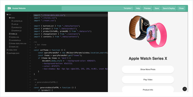 The built-in editor: file tree, code pane, and a live preview of the Apple Watch template