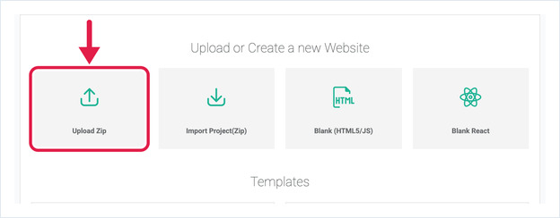 Upload or Create a new Website: four options, with an arrow pointing to Upload Zip