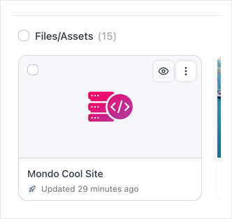 The hovered asset card: an eye icon opens Preview, beside the overflow menu