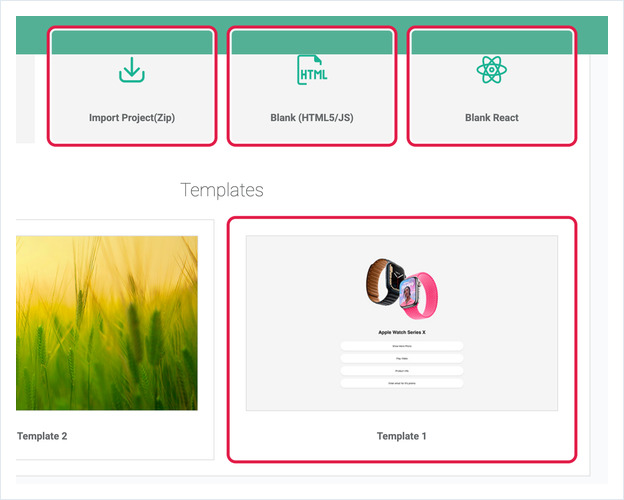 Import Project(Zip), Blank (HTML5/JS), Blank React and Template 1 highlighted on the start page