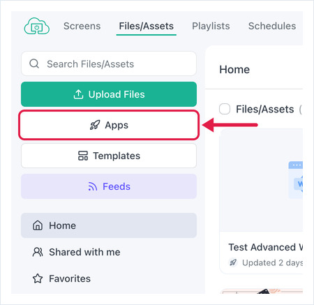 OptiSigns portal sidebar with the Apps button highlighted