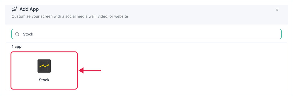 Add App dialog searched for Stock, with the Stock app card highlighted