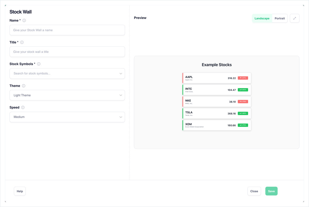 Stock Wall configuration panel with its live preview