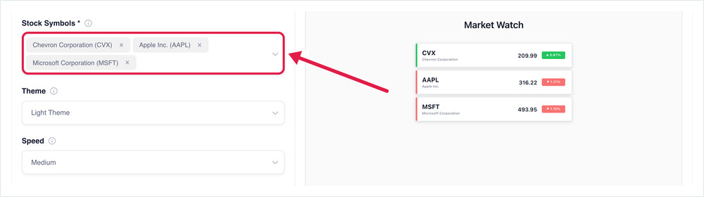 Stock Symbols field showing three selected tickers as tags, with preview
