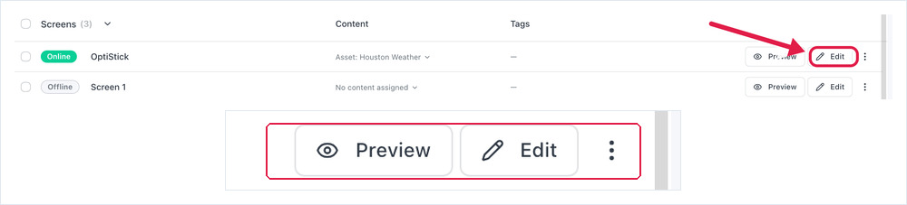 Screens list with the Edit button on a screen row highlighted