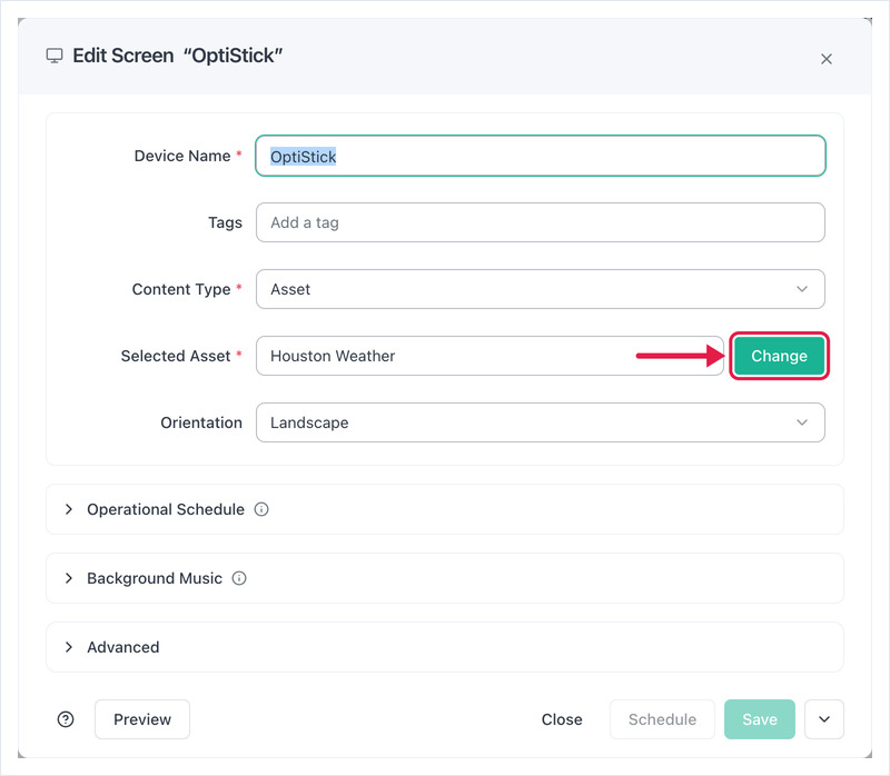 Edit Screen dialog with the Change button next to Selected Asset