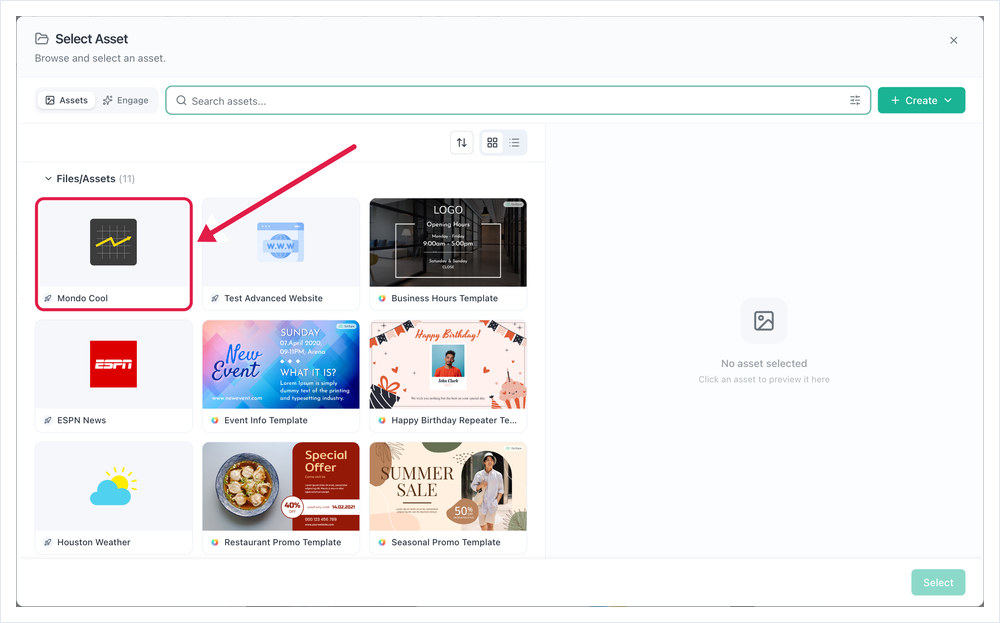 Select Asset dialog with the Stock asset highlighted