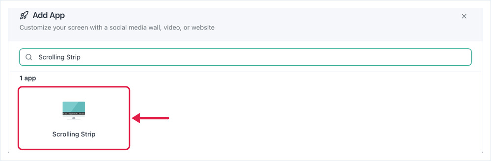 Add App dialog searched for Scrolling Strip, with the app card highlighted