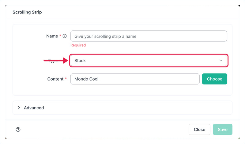 Scrolling Strip dialog with Type set to Stock and a Stock asset chosen
